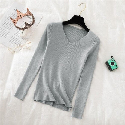 V-Neck Long-Sleeved Woolen Knitted Pullover For Women