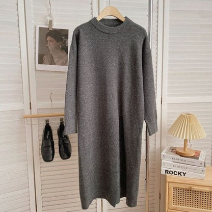 Women's Slitted Long-Sleeve Knitted Sweater Dress One Size Gray