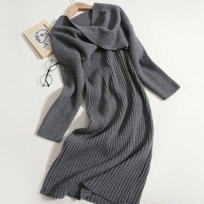 V-Neck Knitted Suspender Knotted Two-Piece Sweater Dress Gray One Size