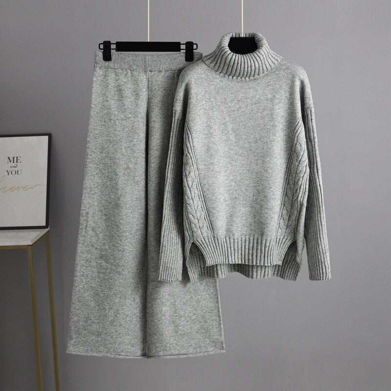 Thick Turtleneck Pullover And Wide Leg Pants For Women Gray One Size