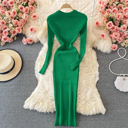 O-Neck Winter Knitted Bodycon Sweater Dress Green One Size