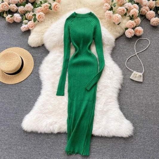 O-Neck Elastic Warm Knitted Sweater Dress One Size