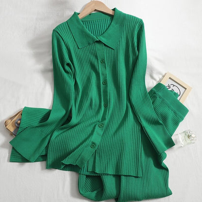 Knitted Two Piece Cardigan Shirt And Pants For Women Green One Size