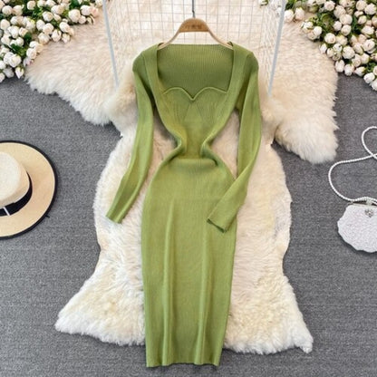 Elegant Low Neck Tight Stretch Knit Dress For Women Green One Size