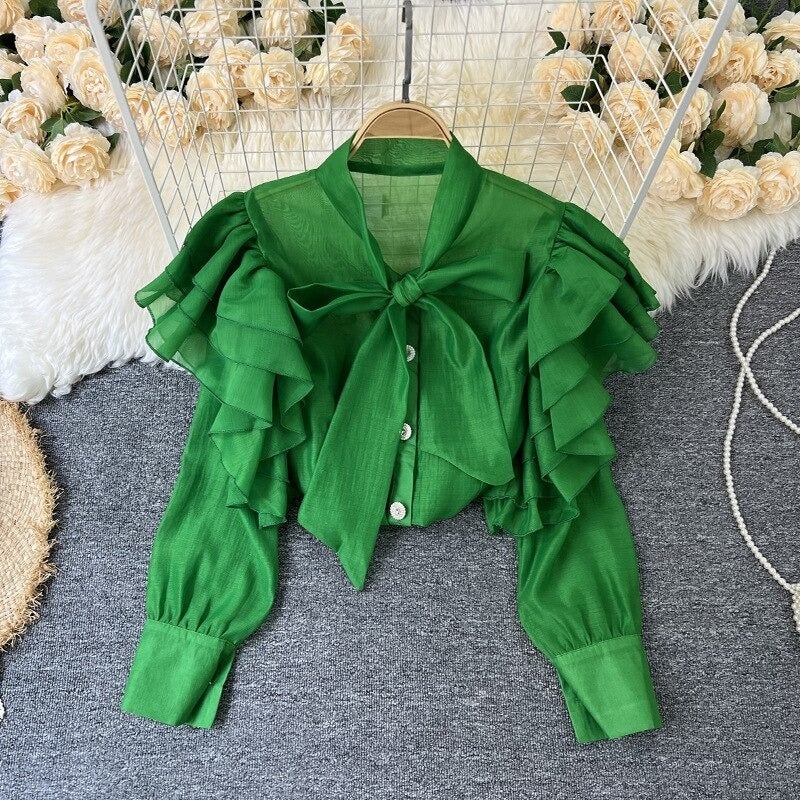 Retro Bow Collar Ruffles Blouses Shirt For Women