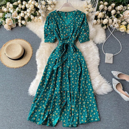 Elegant V-neck Polka Dot Short Sleeve Dress For Women Green One Size