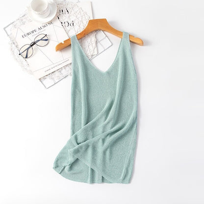 V-Neck Loose Bright Knitted Camisole Tanks For Women Green One Size