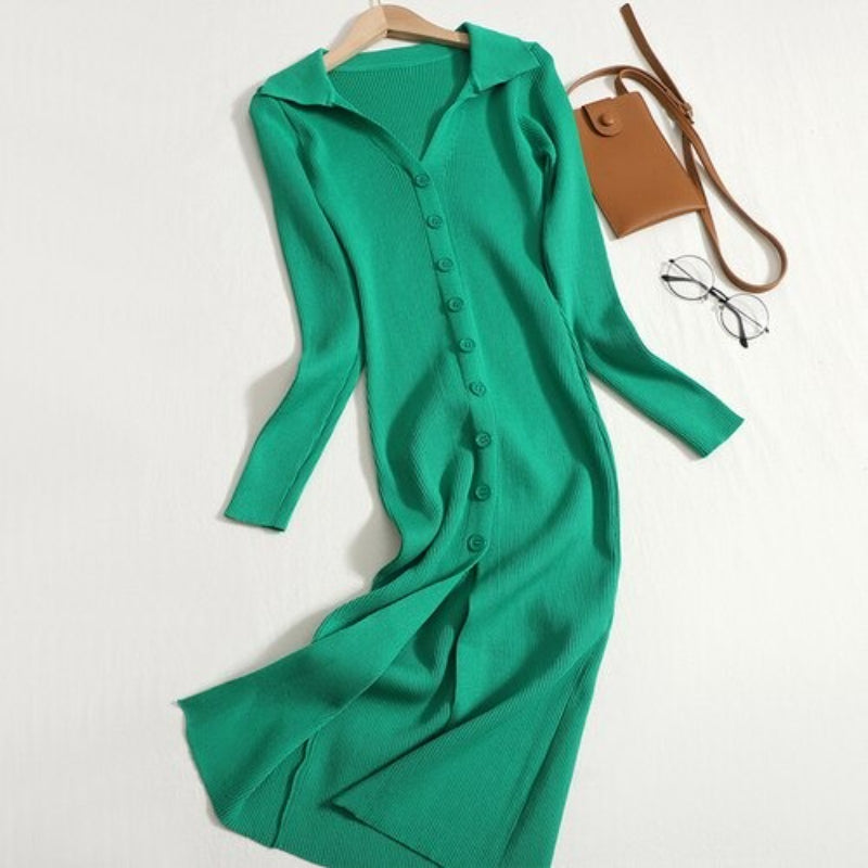 Button Down Elastic Knitted Sweater Dress One Size Green