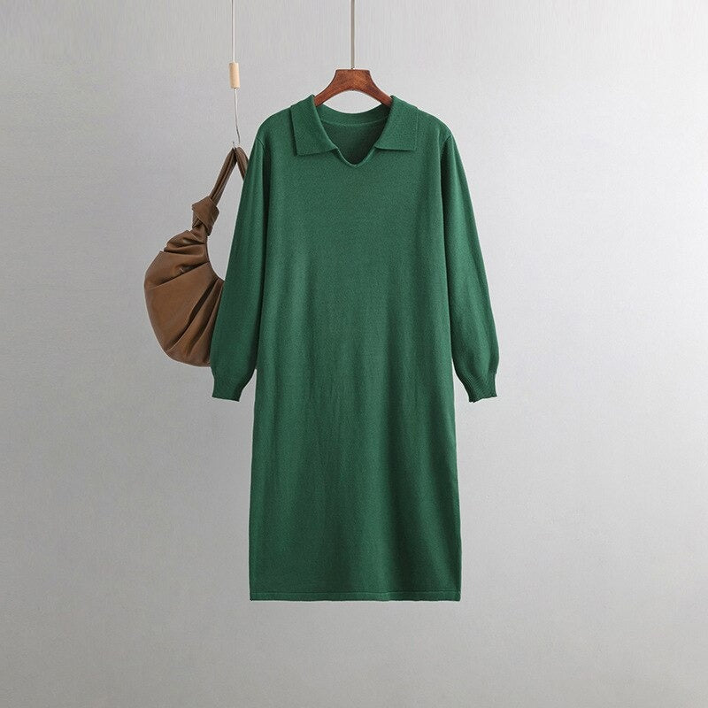 Polo Neck Loose Oversized Knitted Sweater Dress One Size Green