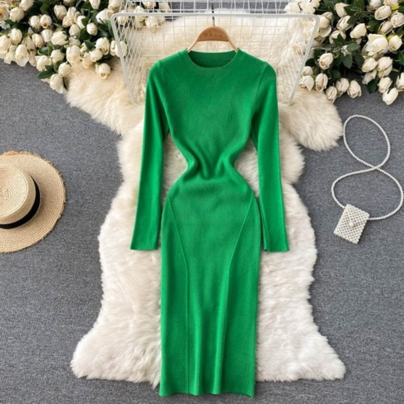 O-Neck Tight Stretch Knitted Slim Dress Green One Size