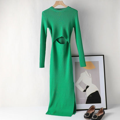 Hollow Out Knitted Long Sleeved Slim Dress Green One Size