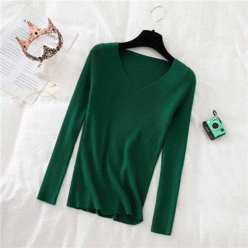 V-Neck Long-Sleeved Woolen Knitted Pullover For Women