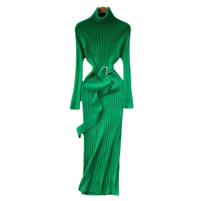 Knitted Waist Slimming Long Bodycon Dress With Belt One Size Green