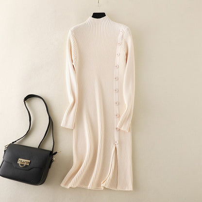 Mock Neck Side Slit Knitted Sweater Dress One Size Off-White