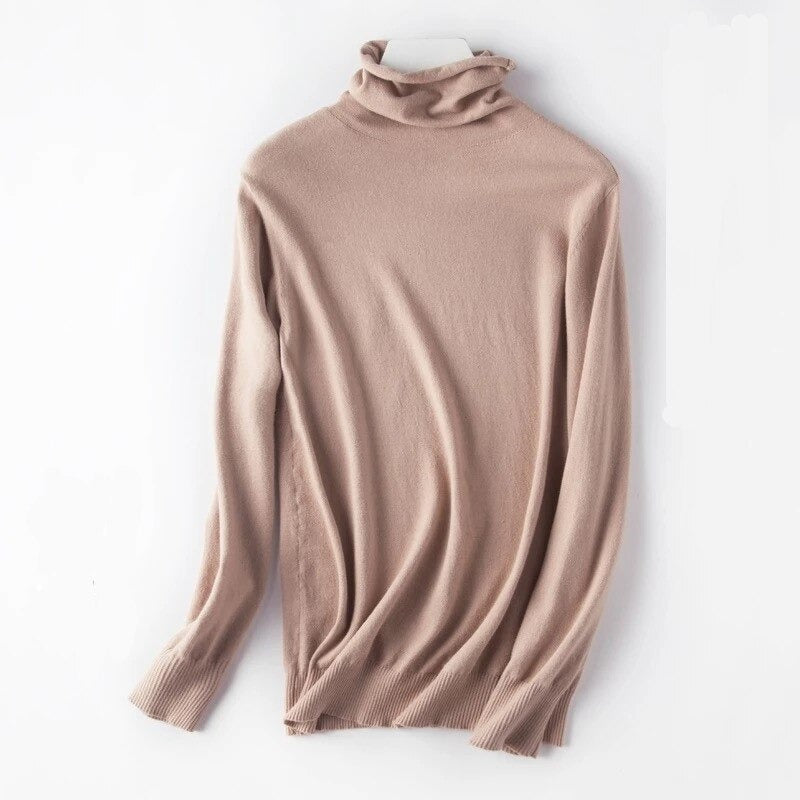 Soft Cashmere Slim-Fit Turtleneck Pullovers For Women Khaki One Size