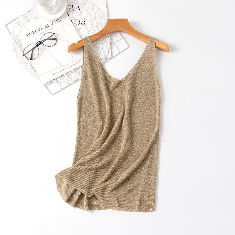 V-Neck Loose Bright Knitted Camisole Tanks For Women Khaki One Size