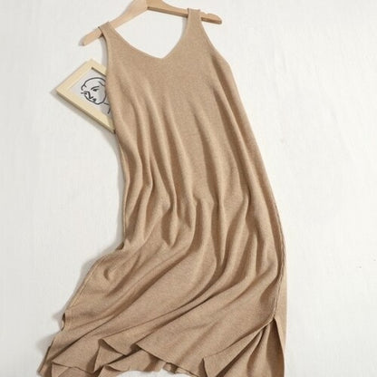 Warm V-Neck Knitted Long Sweater Dress Khaki One Size