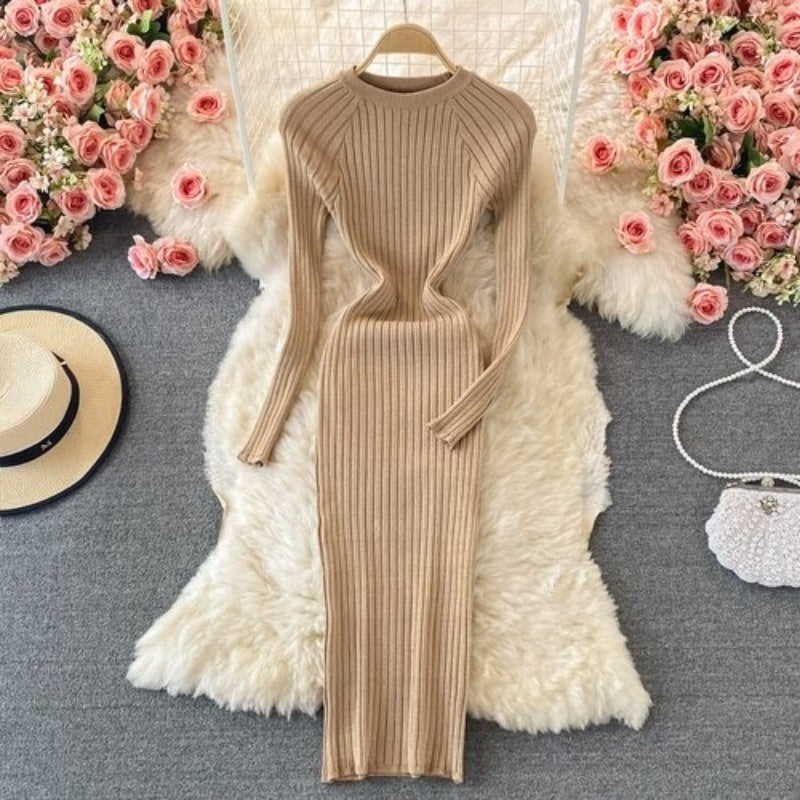 Bright Silk Elegant Knitted Long Sleeve Dress For Women