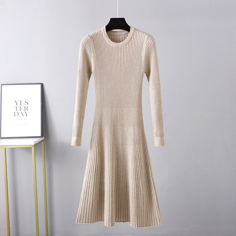 O-Neck Slim Long Knitted Maxi Sweater Dress One Size Beige