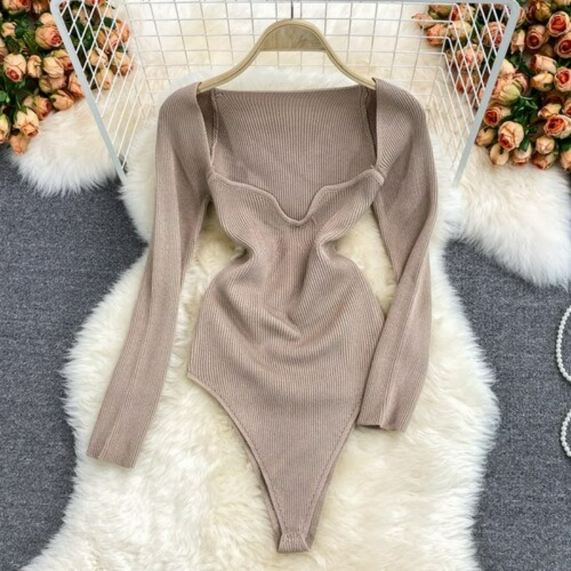 Women's Slim Fit Short-Sleeved Knitted Jumpsuit Khaki One Size