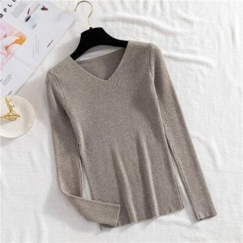 V-Neck Long-Sleeved Woolen Knitted Pullover For Women