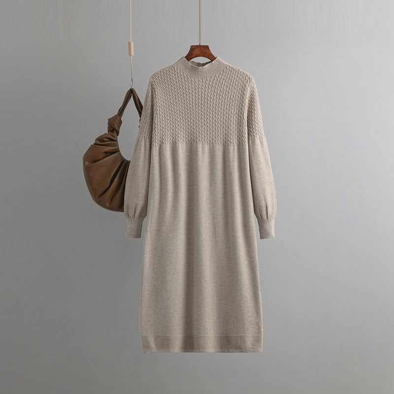 Loose Casual Oversized Knitted Sweater Dress One Size Khaki