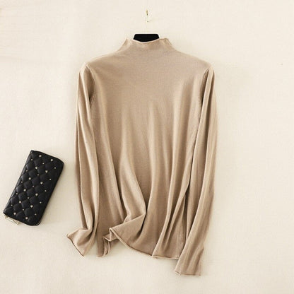 Mock Neck Basic Solid Long Sleeve Jumper For Women Khaki One Size