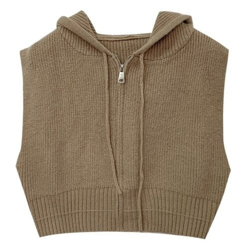 Loose Zipper Knitted Hooded Sweater Vest For Women Khaki One Size