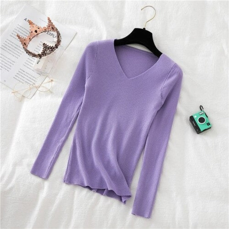 Woolen V-Neck Long-Sleeved Knitted Pullover For Women