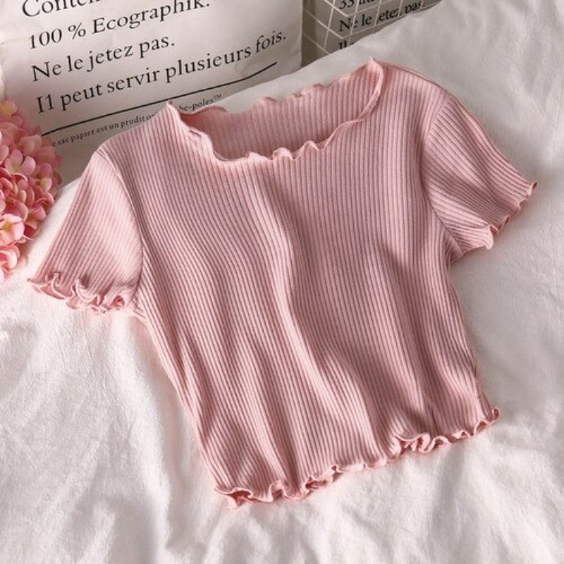 Korean Slim Curl Short Stripe T-Shirts For Women Light Pink One Size