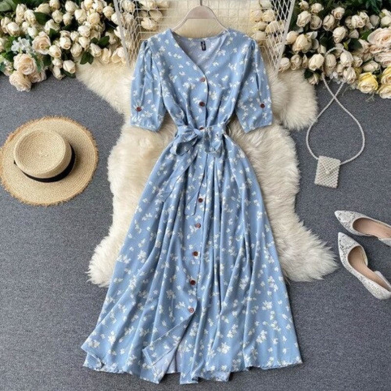 Elegant V-neck Polka Dot Short Sleeve Dress For Women Light Blue One Size