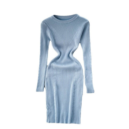 Elegant Winter O-Neck Knit Sweater Dress For Women Light Blue One Size