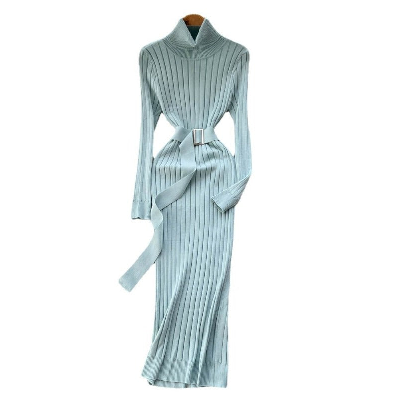 Knitted Waist Slimming Long Bodycon Dress With Belt One Size Light Blue