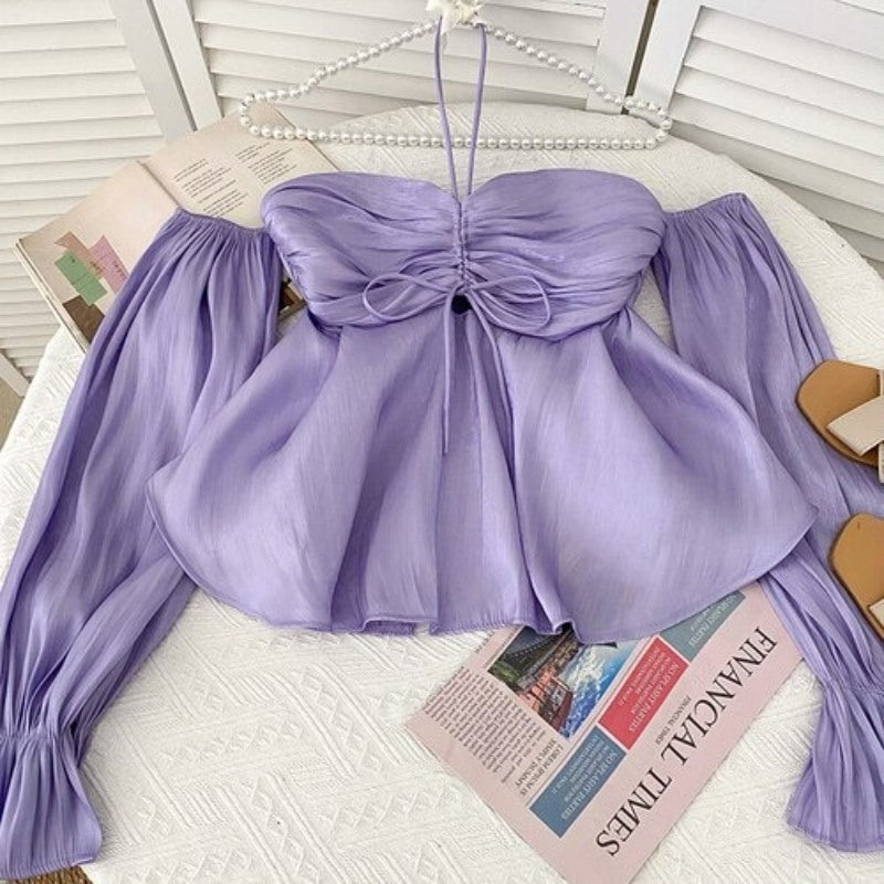 Stylish Pleated Drawstring Lace Off-Shoulder Shirt Blouses For Women Purple One Size