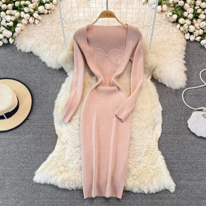 Elegant Low Neck Tight Stretch Knit Dress For Women Faded Pink One Size