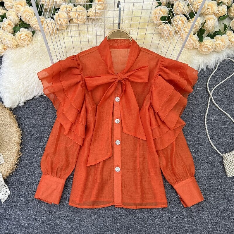 Retro Bow Collar Ruffles Blouses Shirt For Women