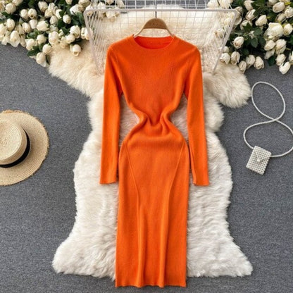 Elegant O Neck Tight Stretch Knit Dress For Women Orange One Size