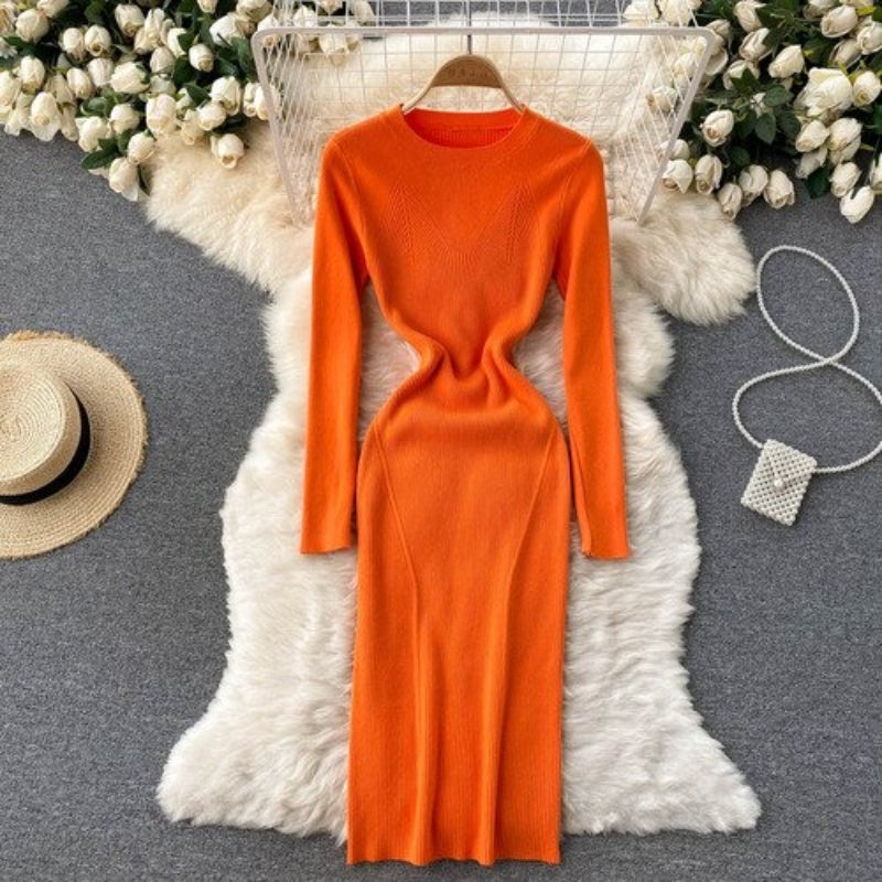 O-Neck Tight Stretch Knitted Slim Dress Orange One Size