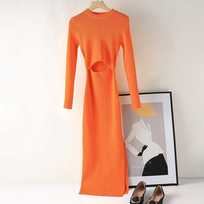 Hollow Out Knitted Long Sleeved Slim Dress Orange One Size