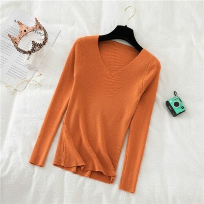 Woolen V-Neck Long-Sleeved Knitted Pullover For Women