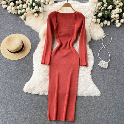 Elegant Low Neck Long Sleeve Dress For Women Red One Size