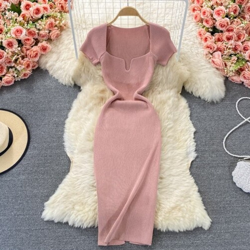 Knitted Square Neck Short Sleeve Dress For Women