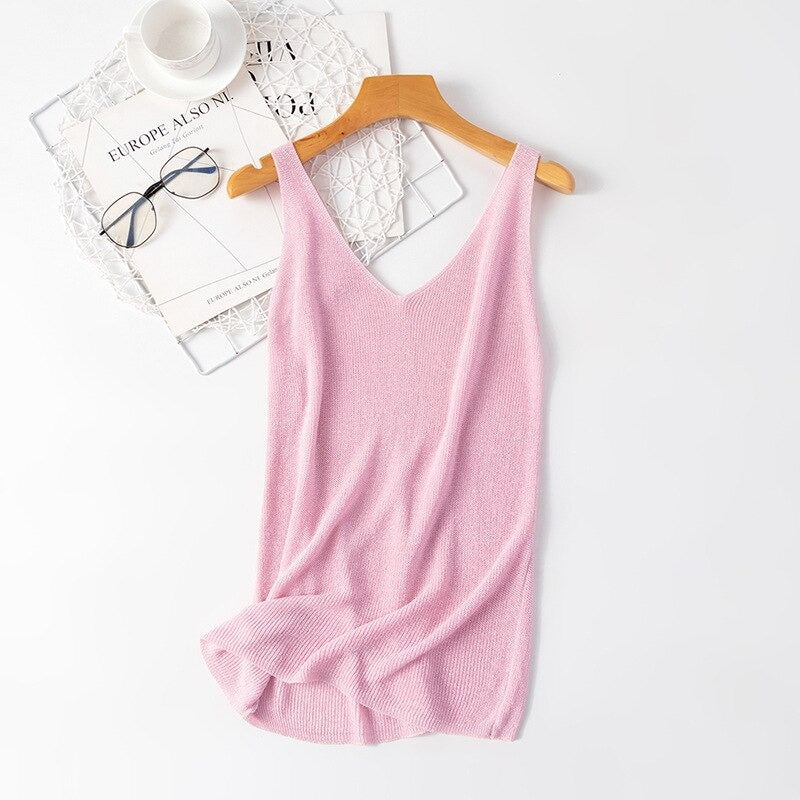 V-Neck Loose Bright Knitted Camisole Tanks For Women Pink One Size