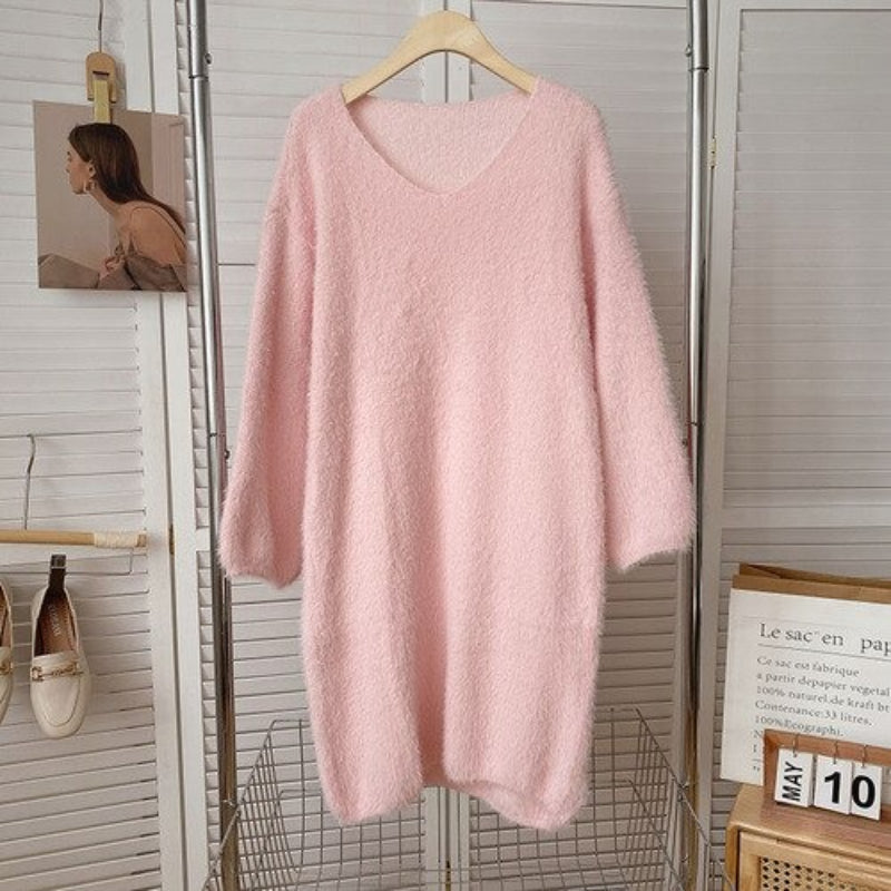 Long Sleeve Warm Soft Dresses For Women Pink One Size