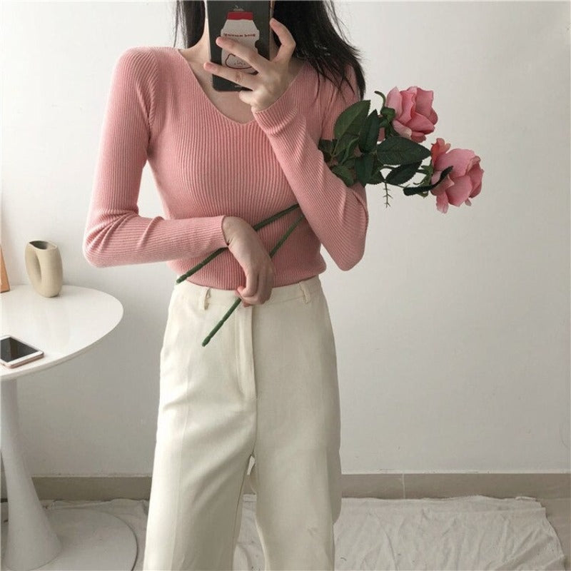 V-Neck Knitted Long Sleeves Skinny Pullovers For Women Pink