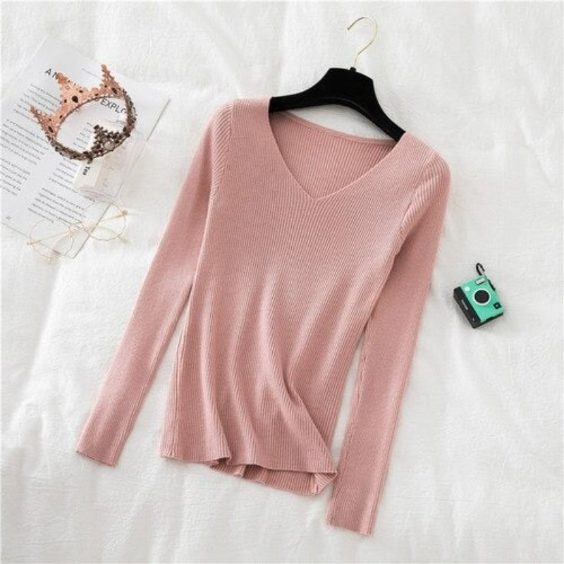 Woolen V-Neck Long-Sleeved Knitted Pullover For Women