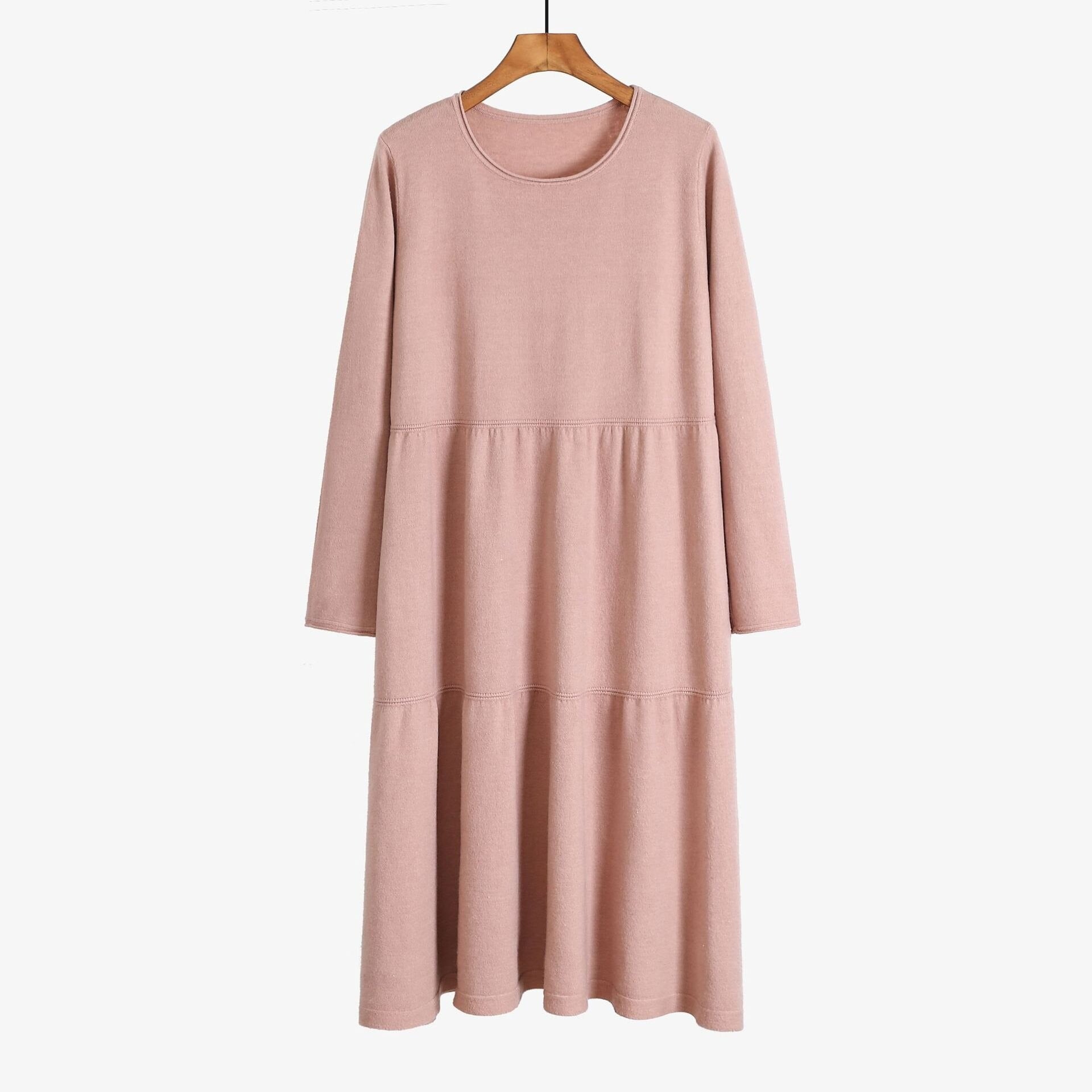 O-Neck Long Knitted Straight Oversized Sweater Dress Pink One Size