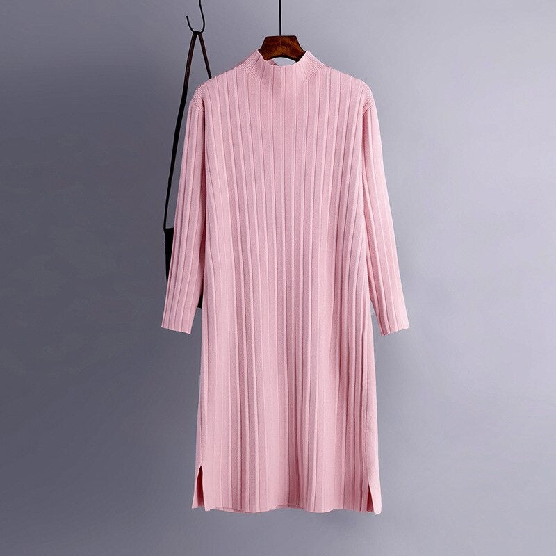 Women's Long Knitted Women Split Sweater Dress Pink One Size