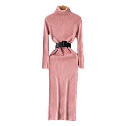 Women's Turtleneck A-Line Knitted Bodycon Dress With Belt One Size Pink