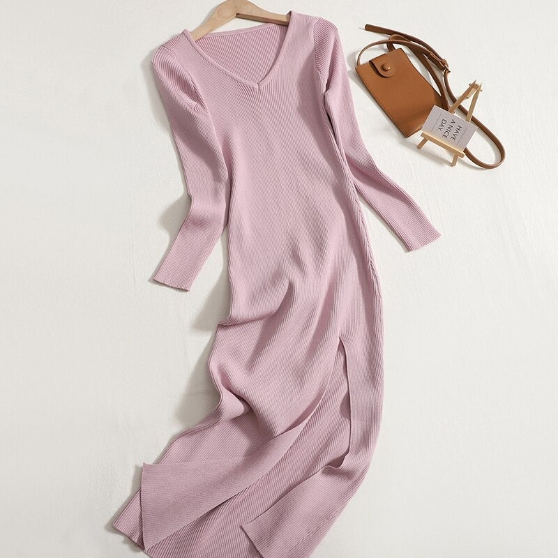 V-Neck Knitted Slim Long Sheath Knitted Dress Pink